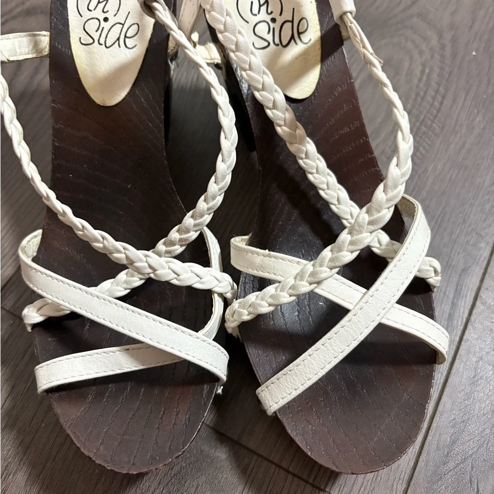White Braided Strapped Faux‎ Wood Block Heel Studded Sandals Italian Classic